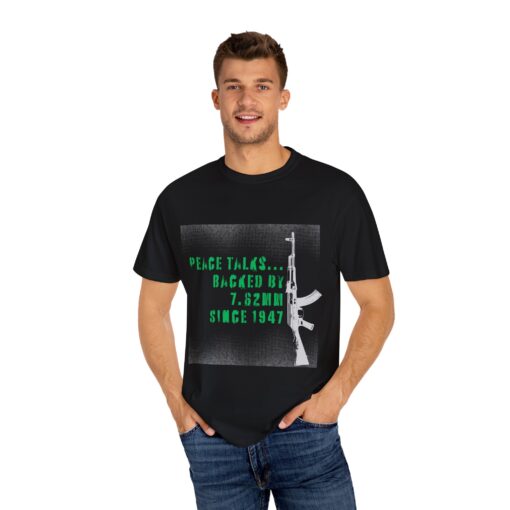 Peach Talks - Backed by 7.62mm Vintage Military T-Shirt, Unisex Tee, Anti-War Apparel, Casual Wear, Statement Clothing - Image 3