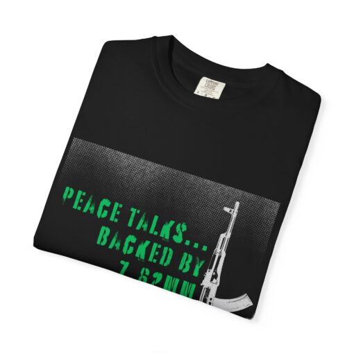 Peach Talks - Backed by 7.62mm Vintage Military T-Shirt, Unisex Tee, Anti-War Apparel, Casual Wear, Statement Clothing - Image 2